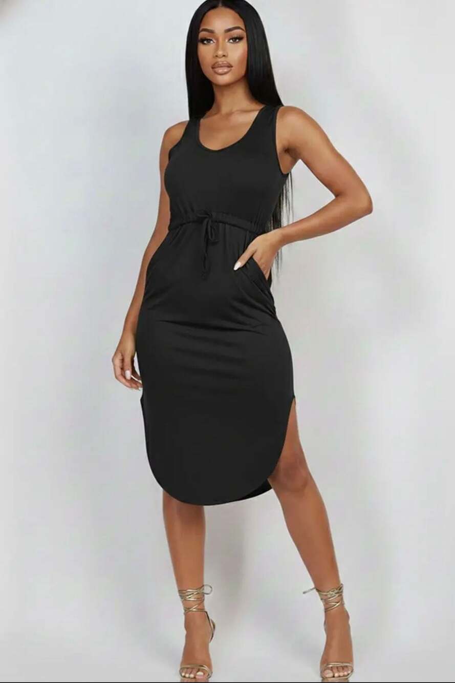 Capella Apparel Sleeveless Drawstring Midi Dress with Pockets